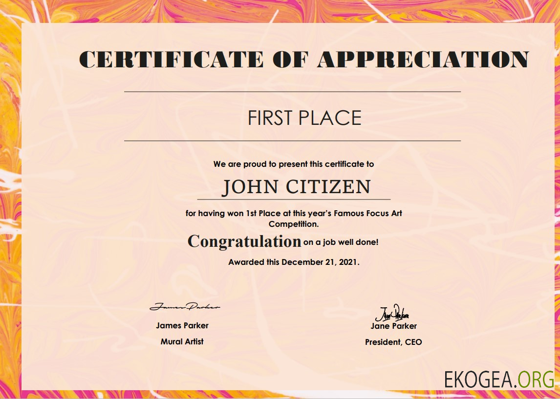 Modèle de certificat d'art américain au format Word et PDF